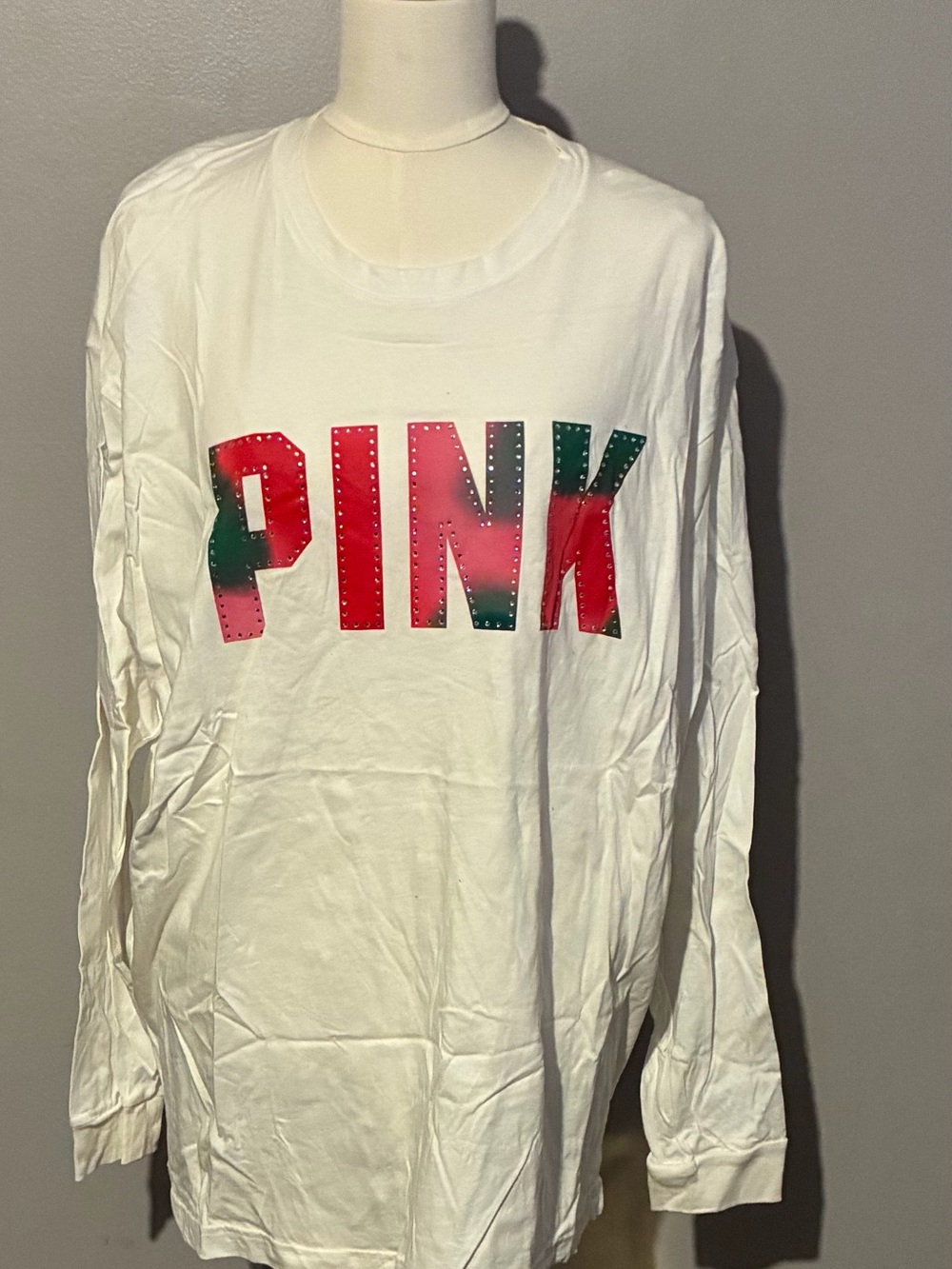 PINK Victoria's Secret White Long-Sleeve Tee with Red & Green Gradient Logo